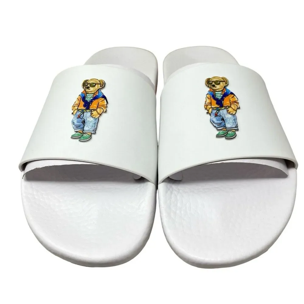 Polo Ralph‎ Lauren Slides Mens 12 White Polo Bear Sandals Preppy Summer Pool
